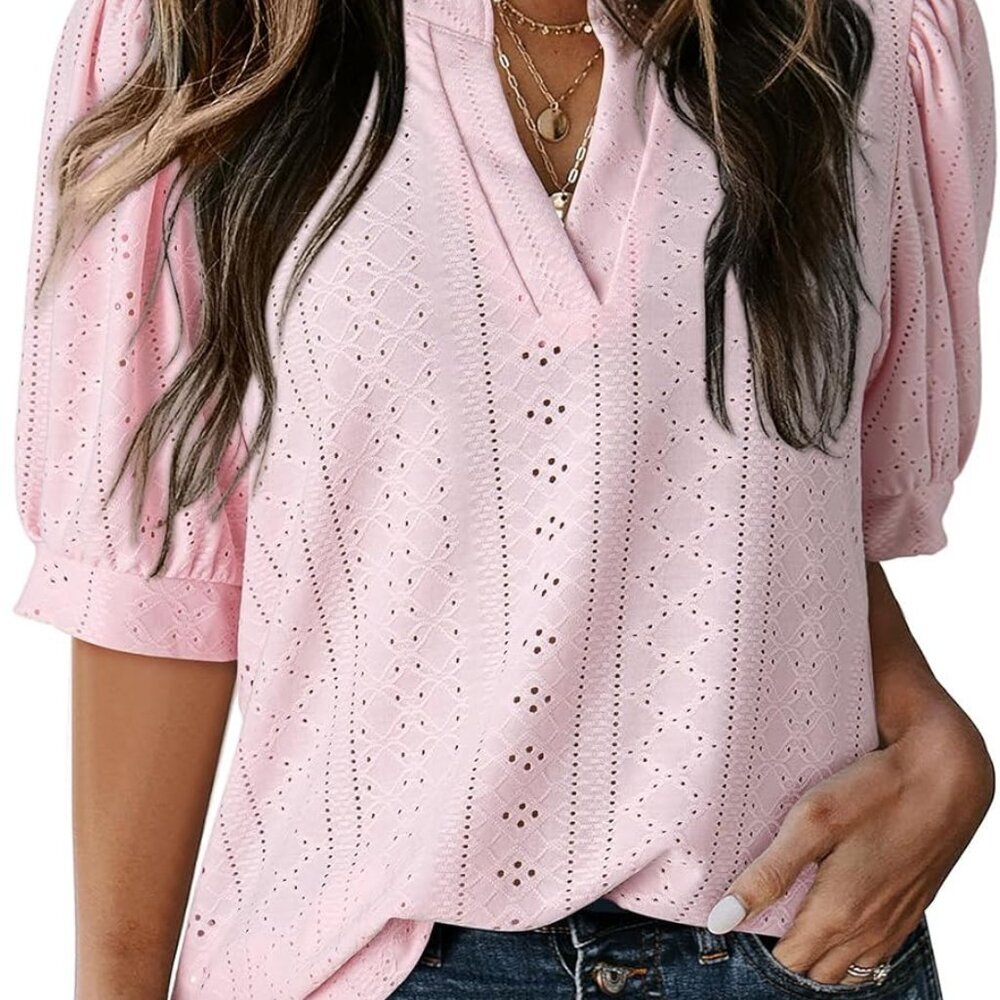 Womens Summer Business Casual Blouses V Neck Short Sleeve Shirts Hollow Out Cute